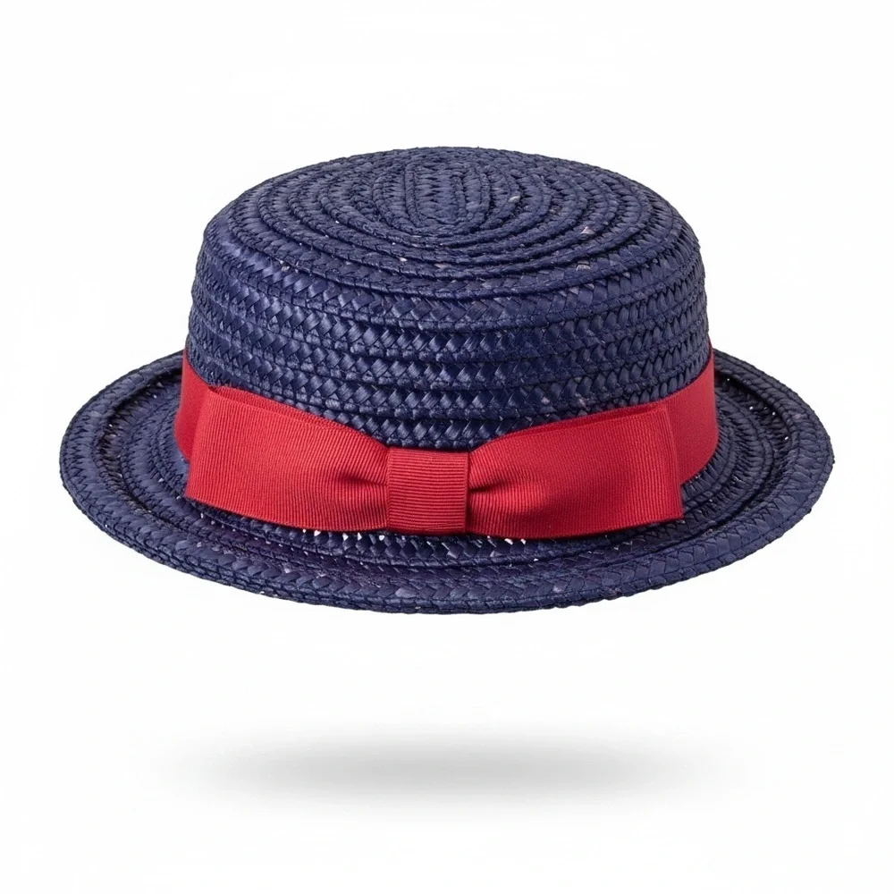 Vintage Navy Blue Straw Boater Hat Red Ribbon Band Retro Old Money Style Fedora